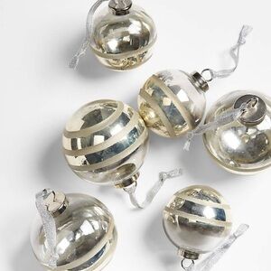 Antique Pewter Banded Glass Christmas Tree Ornaments, Boxed Set of 6